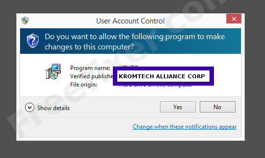 Screenshot where KROMTECH ALLIANCE CORP appears as the verified publisher in the UAC dialog